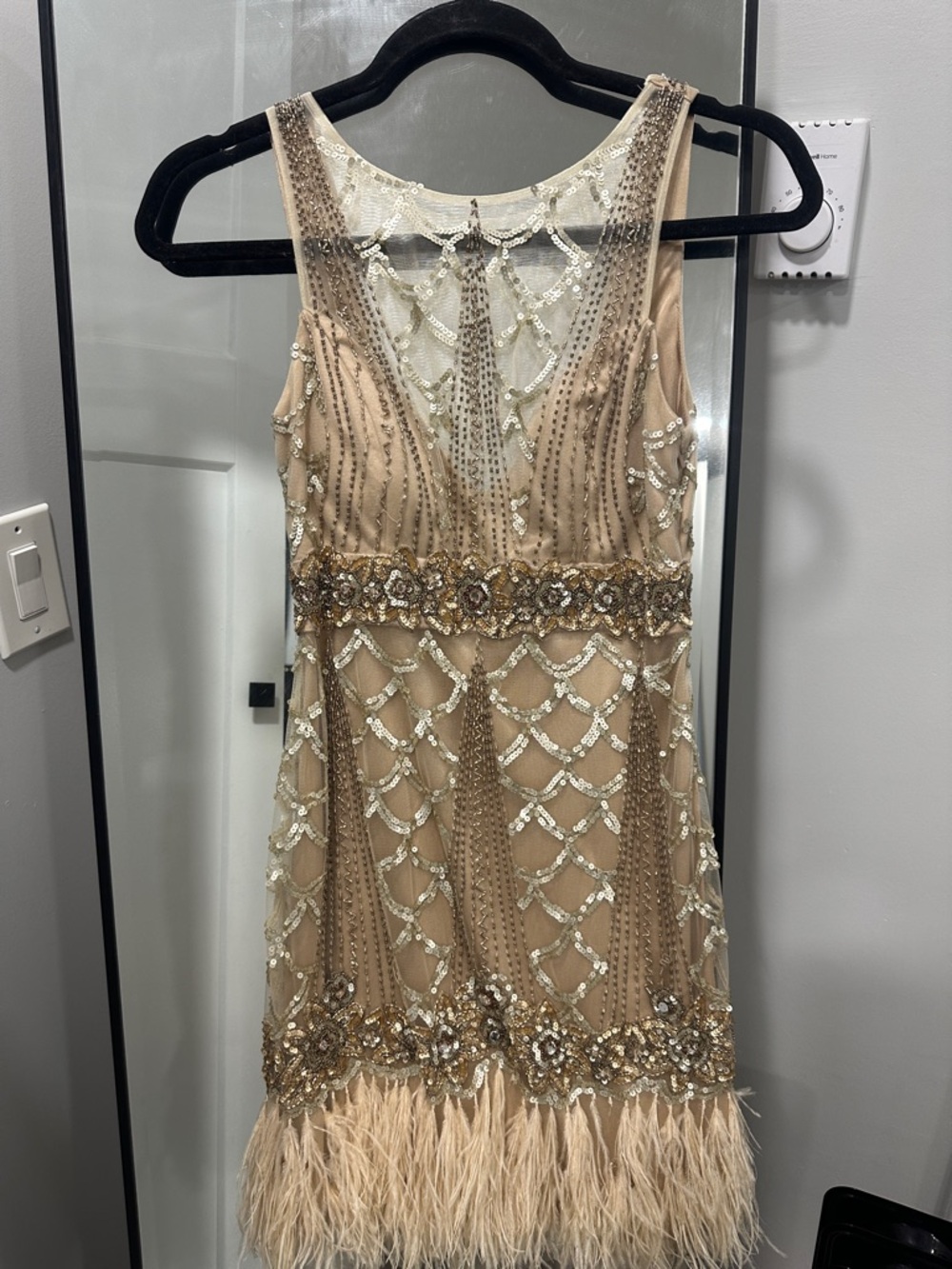 Sue Wong Champagne Sequin Embellished Feather Hem Top